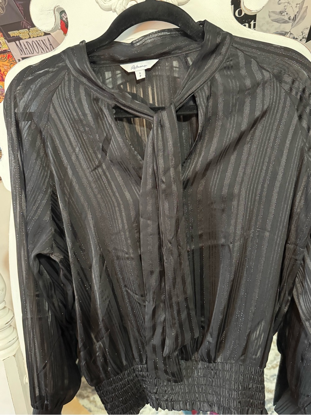 Reitmans Black Sheer Striped Tie-Neck Blouse